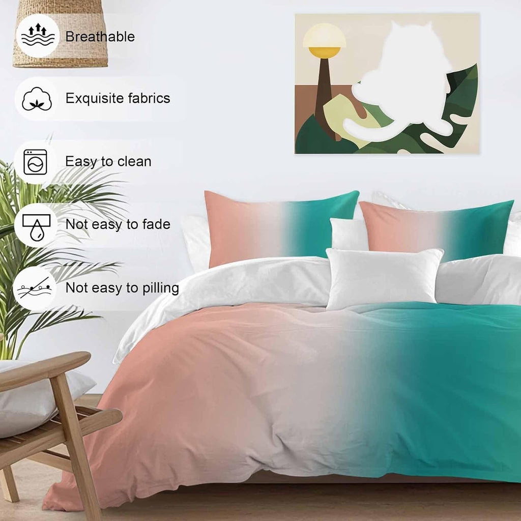 Gradient Pink Green Duvet Cover Set Queen Size 4 Pieces Modern Abstract Minimalist Orange Brown Ocean Beach Bedding Set with Zipper Closure,1 Comforter Cover 90x92 Inches 1 Flat Sheet & 2 Pillow Cases