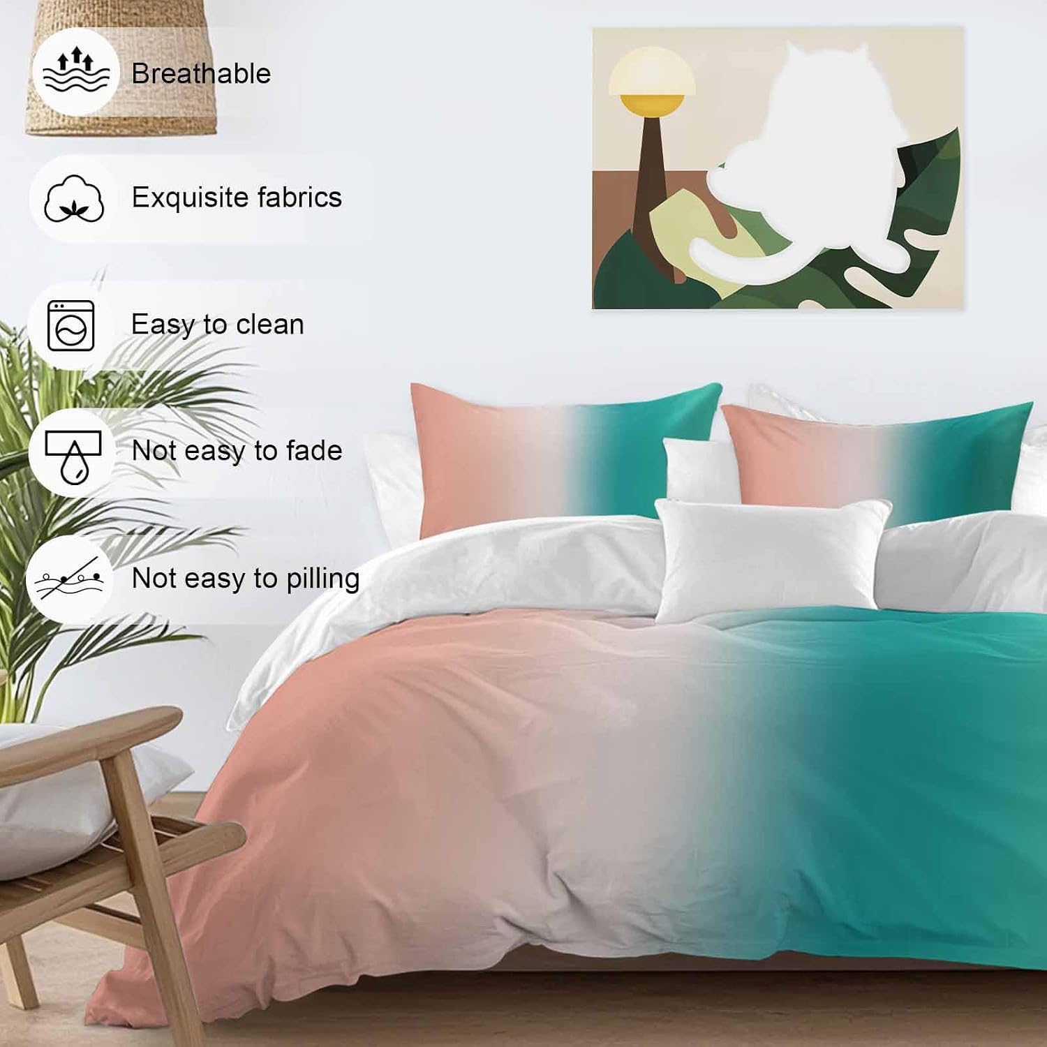Gradient Pink Green Duvet Cover Set Queen Size 4 Pieces Modern Abstract Minimalist Orange Brown Ocean Beach Bedding Set with Zipper Closure,1 Comforter Cover 92x106 Inches 1 Flat Sheet&2 Pillow Cases