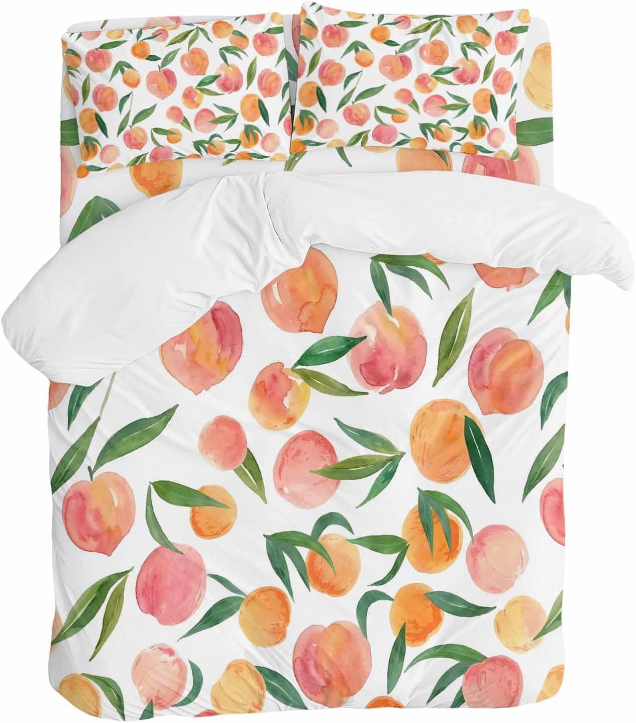 Peaches Watercolor Duvet Cover Set Queen Size 4 Pieces Pink Fruit Green Leaf Gradient Abstract Bedding Set with Zipper Closure, 1 Comforter Cover 92x106 Inches 1 Flat Sheet & 2 Pillow Cases