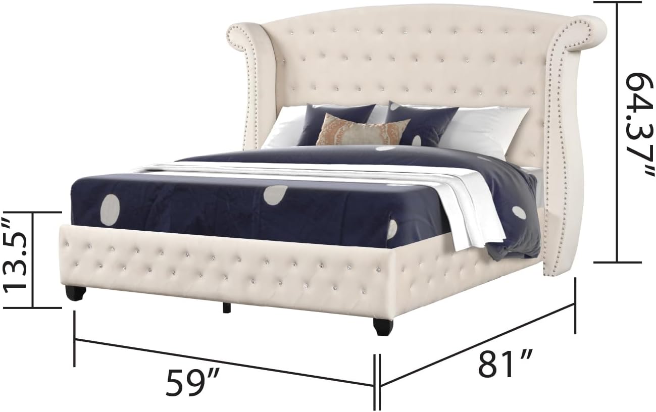Crystal Tufted Full 5 Pc Vanity Bedroom Set Made with Wood in Cream