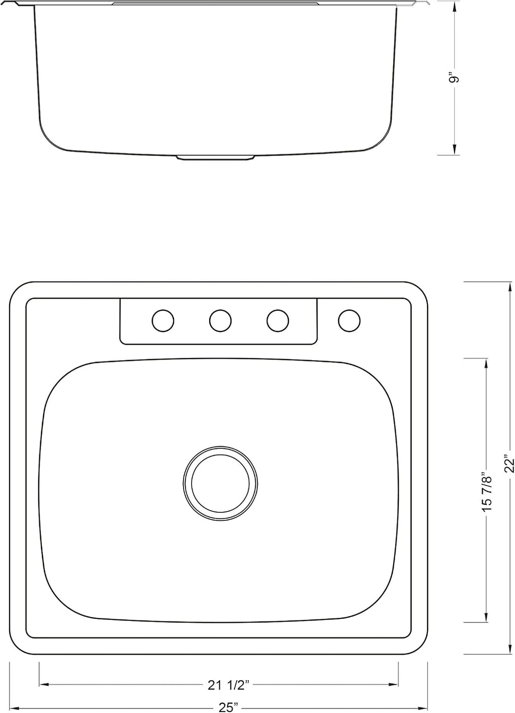 CozyBlock 25 x 22 x 9 Inch Top-mount/Drop-in Stainless Steel Single Bowl Kitchen Sink with Strainer and Protective Bottom Grid- 18 Gauge Stainless Steel-4 Faucet Hole