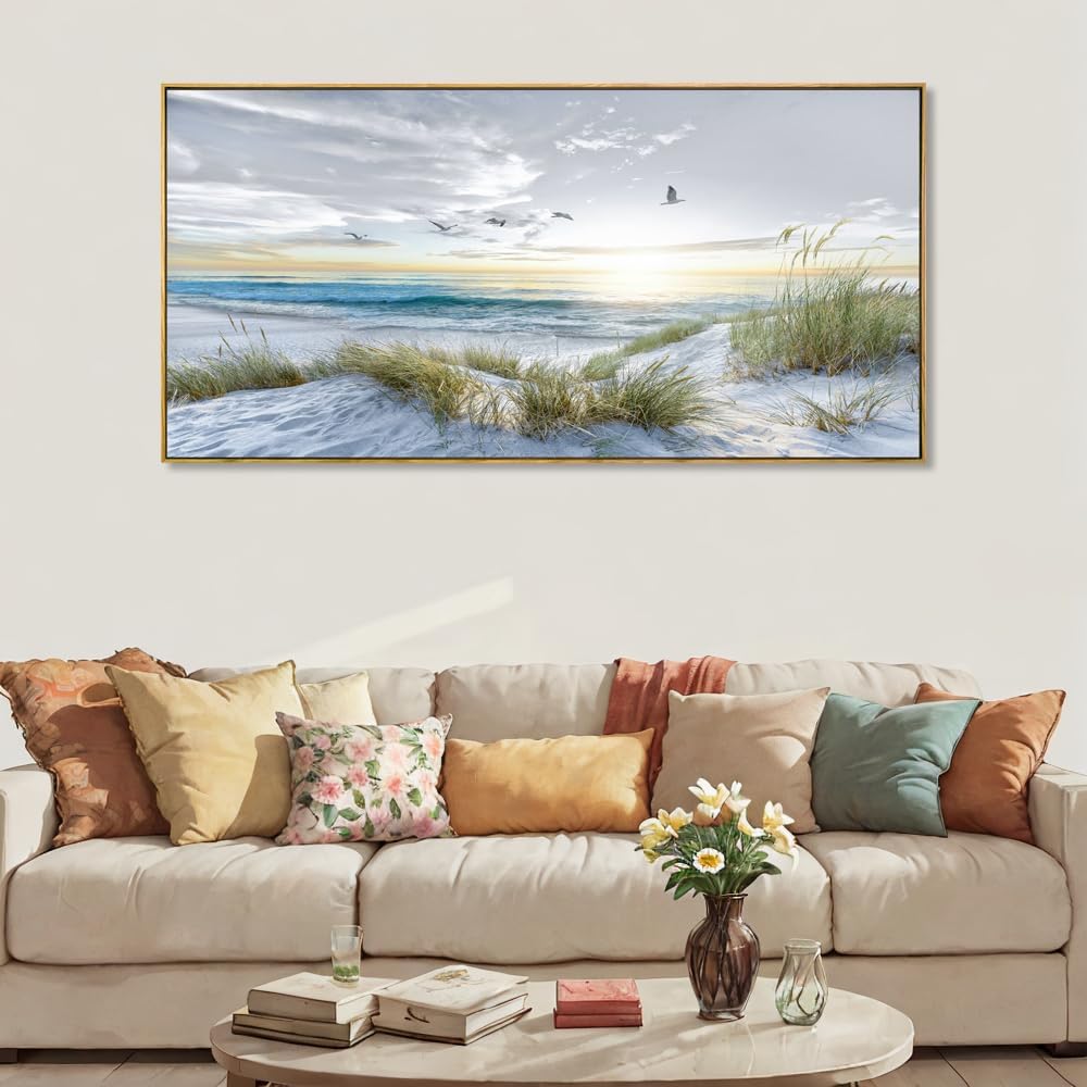 Canvas Prints Wall Art Beach Sunrise Ocean Waves Beach Grass Nature Pictures Stretched Canvas Wooden Framed for living Room Bedroom and Office Home Decor 24'x48' with Framed