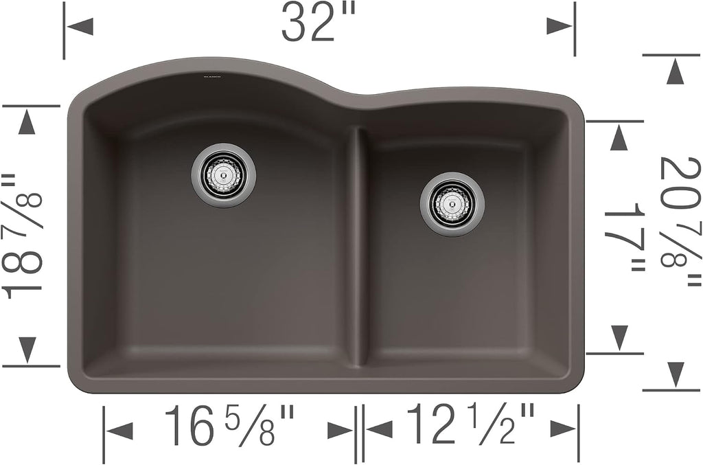 BLANCO 443102 Diamond 60/40 Low Divide Double Bowl Kitchen Sink, 32' L X 21' W - Volcano Gray