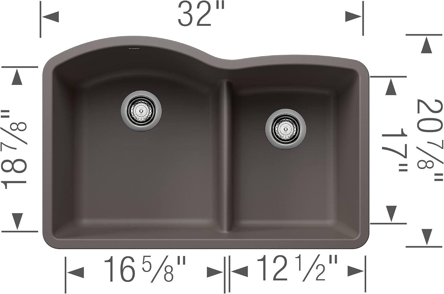 BLANCO 443102 Diamond 60/40 Low Divide Double Bowl Kitchen Sink, 32' L X 21' W - Volcano Gray