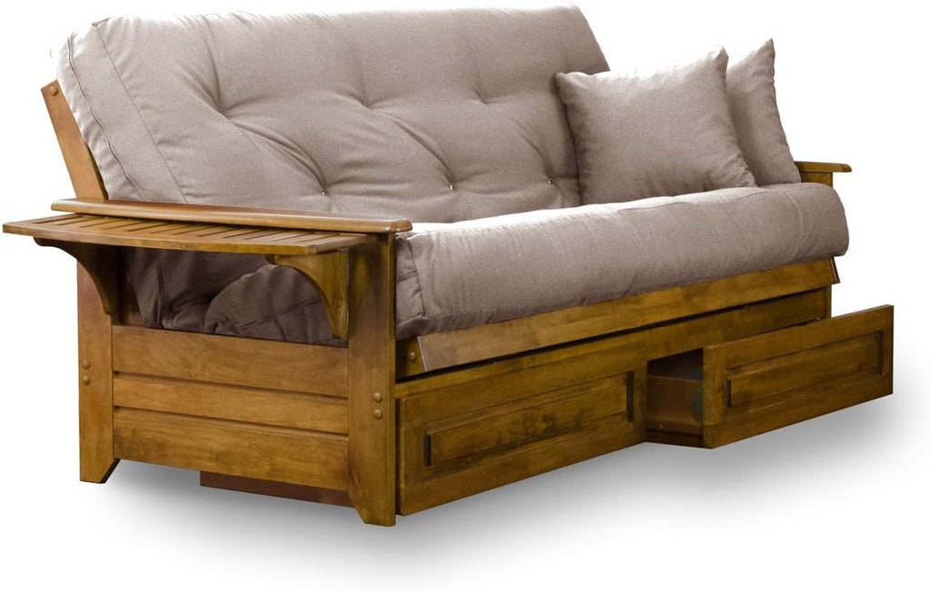 Nirvana Futons Brentwood Tray Arm Futon Frame, Drawers, and Microfiber Khaki Mattress Set - Full, Heritage Finish