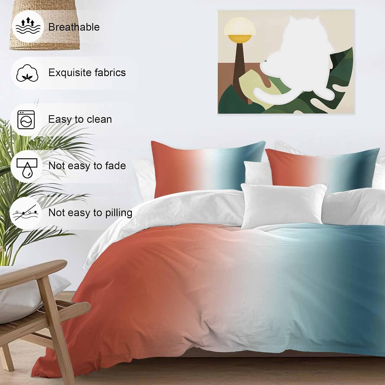 Gradient Orange Blue Duvet Cover Set Queen Size 4 Pieces Modern Abstract Minimalist Ocean Beach Bedding Set with Zipper Closure, 1 Comforter Cover 92x106 Inches 1 Flat Sheet & 2 Pillow Cases