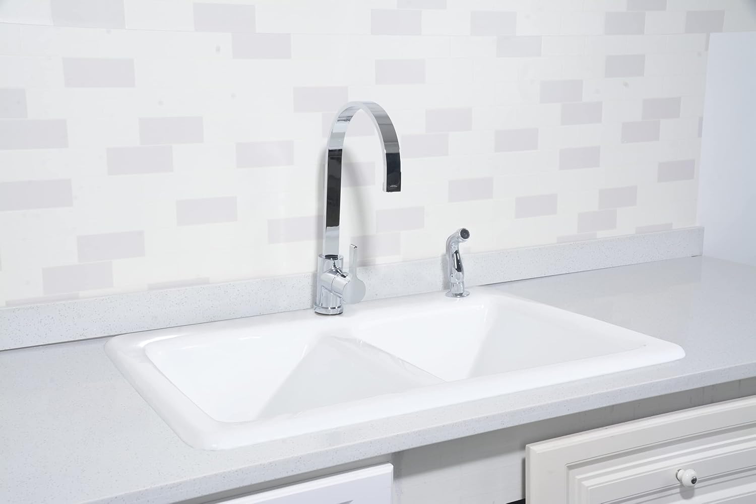 Gourmetier GT33229D2 Petra Galley 33-Inch Cast Iron Double Bowl Drop-In Kitchen Sink, 2-Hole, White