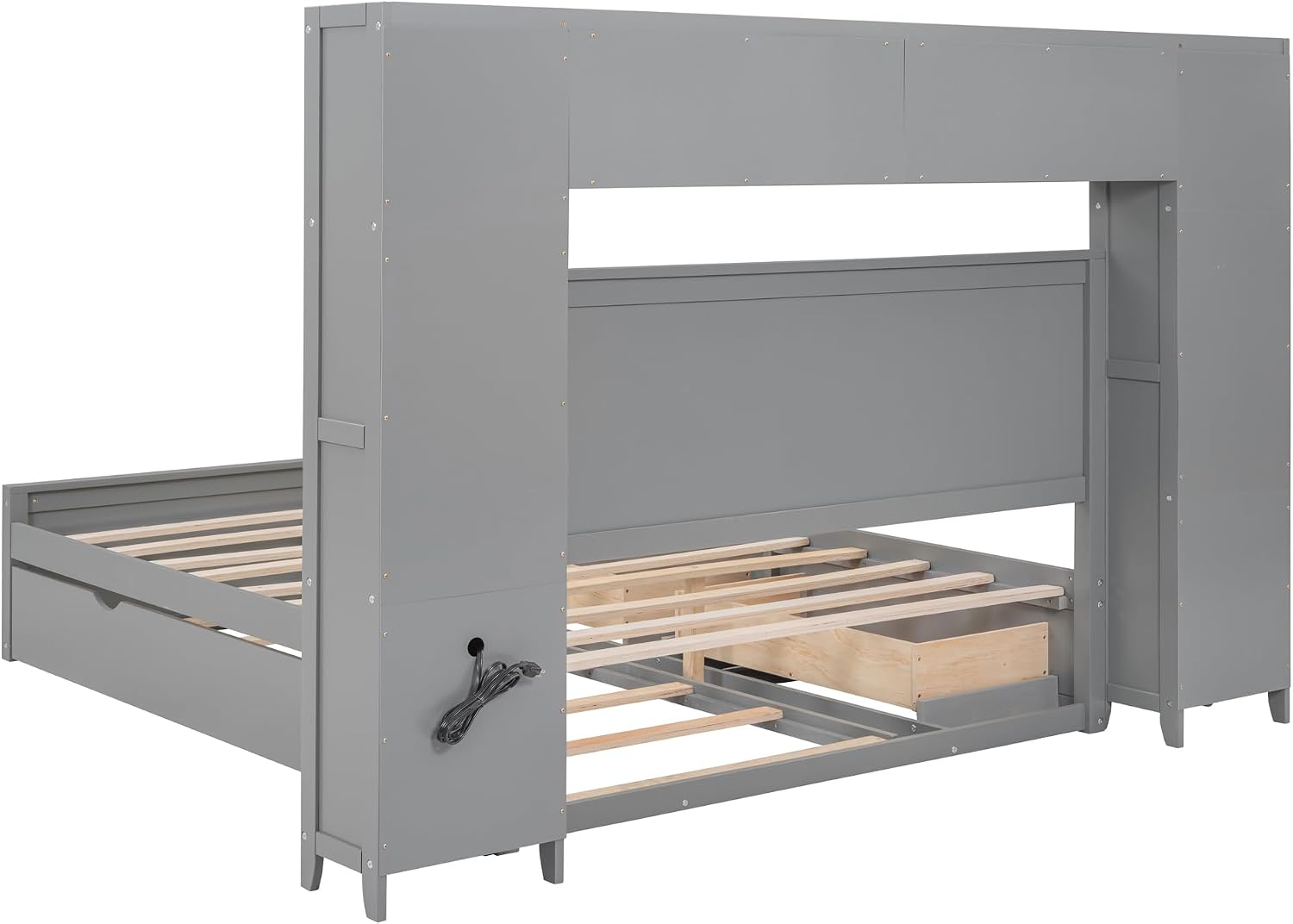 Merax Queen Size Wooden Bed with All-in-One Cabinet and Shelf, Gray Platform Bed Frame with 2 Drawers, Trundle and Sockets