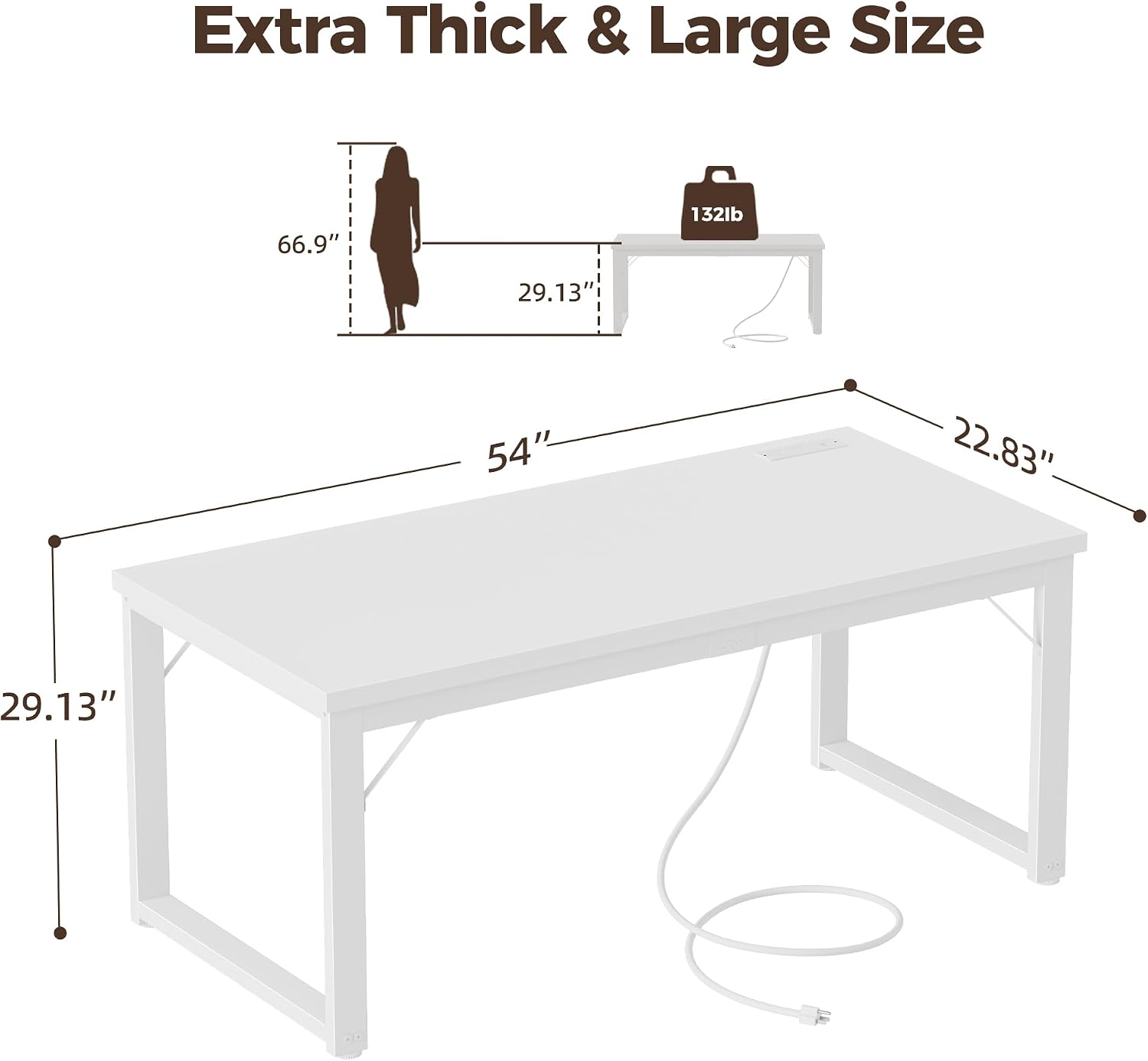 Mericonia 54 Inch Computer Desk with Power Outlets, 1.2' Thick Heavy Duty Industrial Office Desk, Modern Simple Study Writing Table for Home Office Bedroom Workstation, White