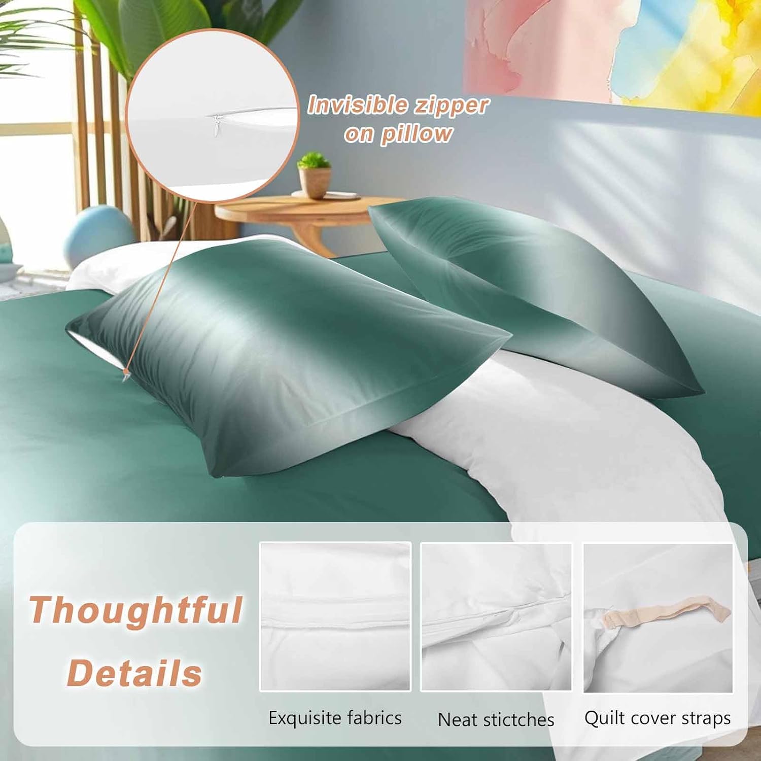 Gradient Green Duvet Cover Set Queen Size 4 Pieces Modern Minimalist Black Green Ocean Beach Bedding Set with Zipper Closure, 1 Comforter Cover 92x106 Inches 1 Flat Sheet & 2 Pillow Cases