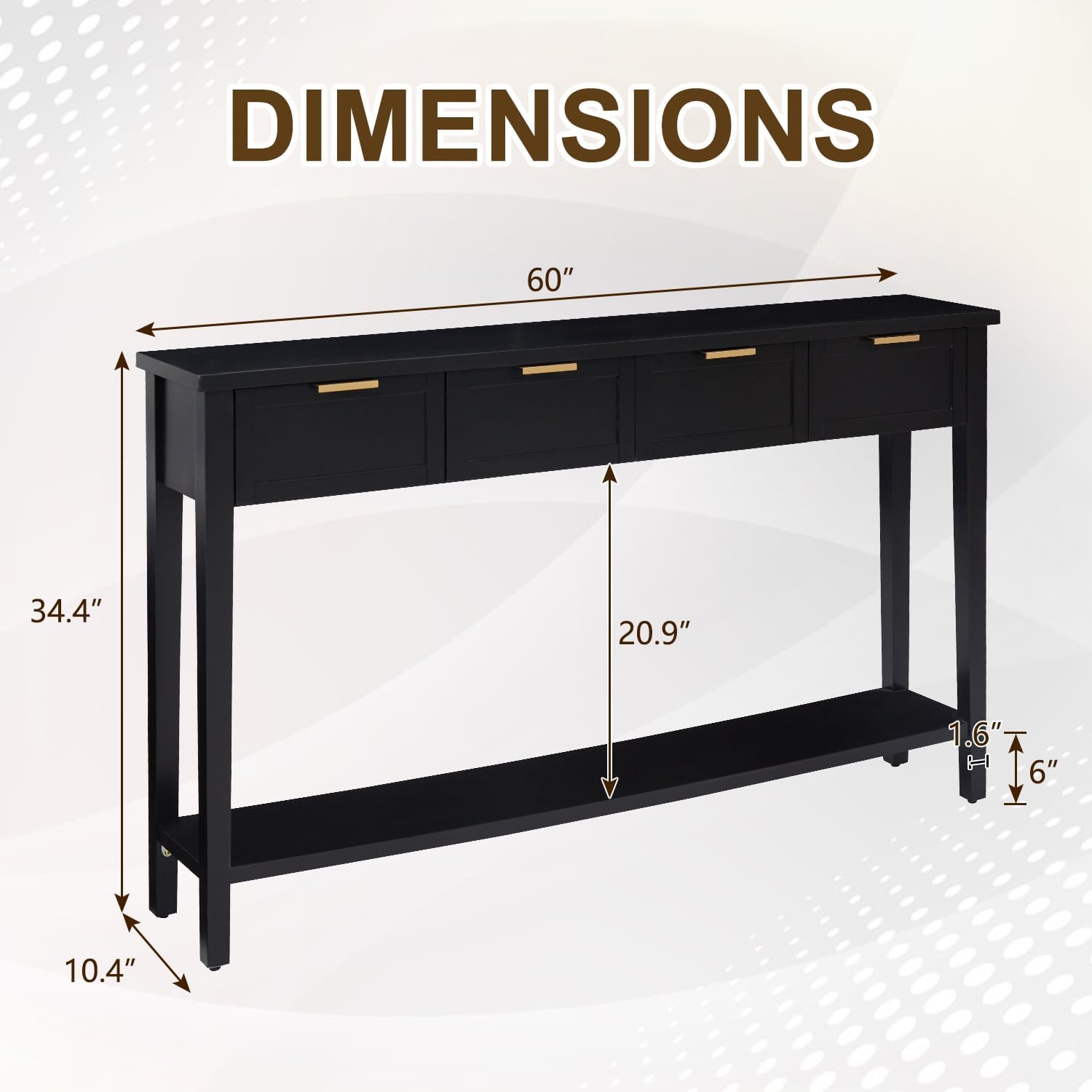 kinbor Long Console Table - 2-Tier Narrow Sofa Table with Open Shelf & 4 Drawers, Modern Narrow Console Table Entryway Table with Storage for Entryway Living Room Bedroom Kitchen, Black