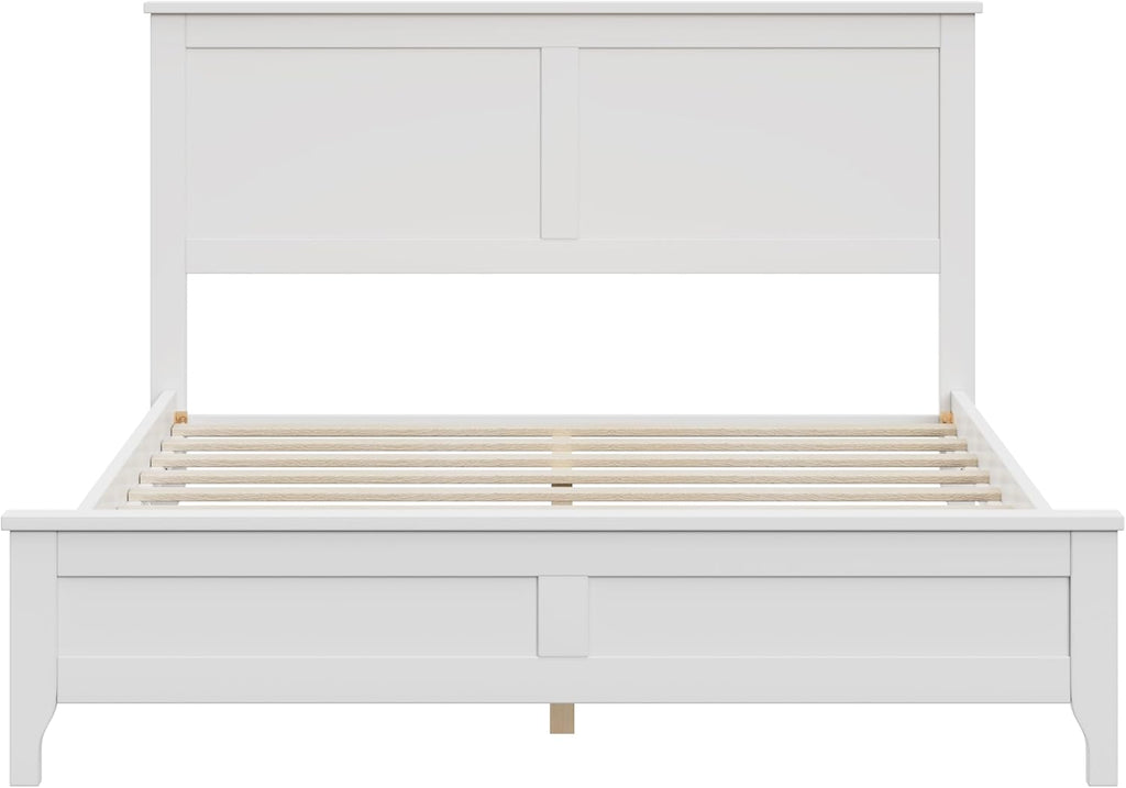 12 Inch Deluxe Full Size Bed Frame with Headboard, Mid Century Retro Style Brown Wood Platform Beds Frames, No Box Spring Needed, 13 Strong Wooden Slat Support, Easy Assembly (White, Full)