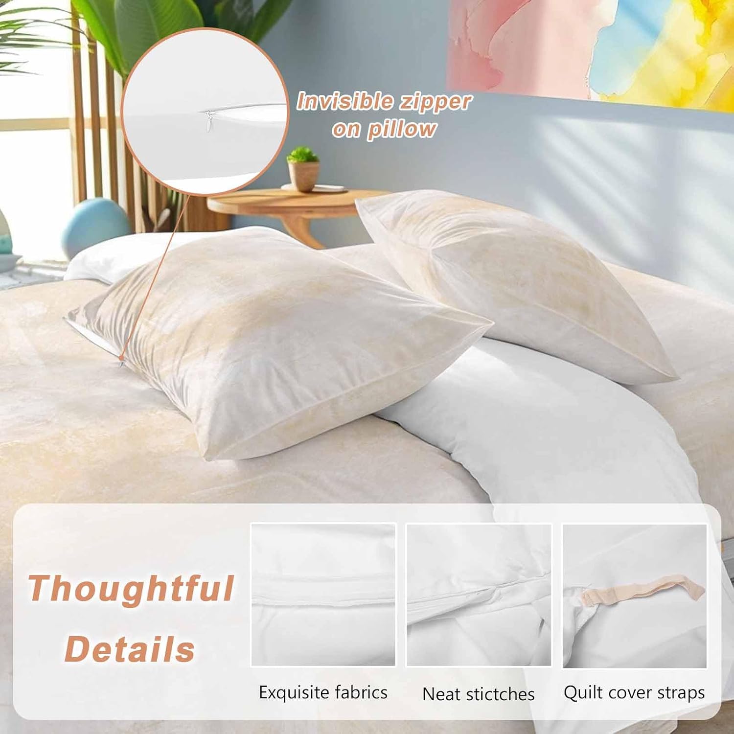 Light Beige Gradient Duvet Cover Set Queen Size 4 Pieces Modern Abstract Oil Painting Minimalist Bedding Set with Zipper Closure, 1 Comforter Cover 86x86 Inches 1 Flat Sheet & 2 Pillow Cases