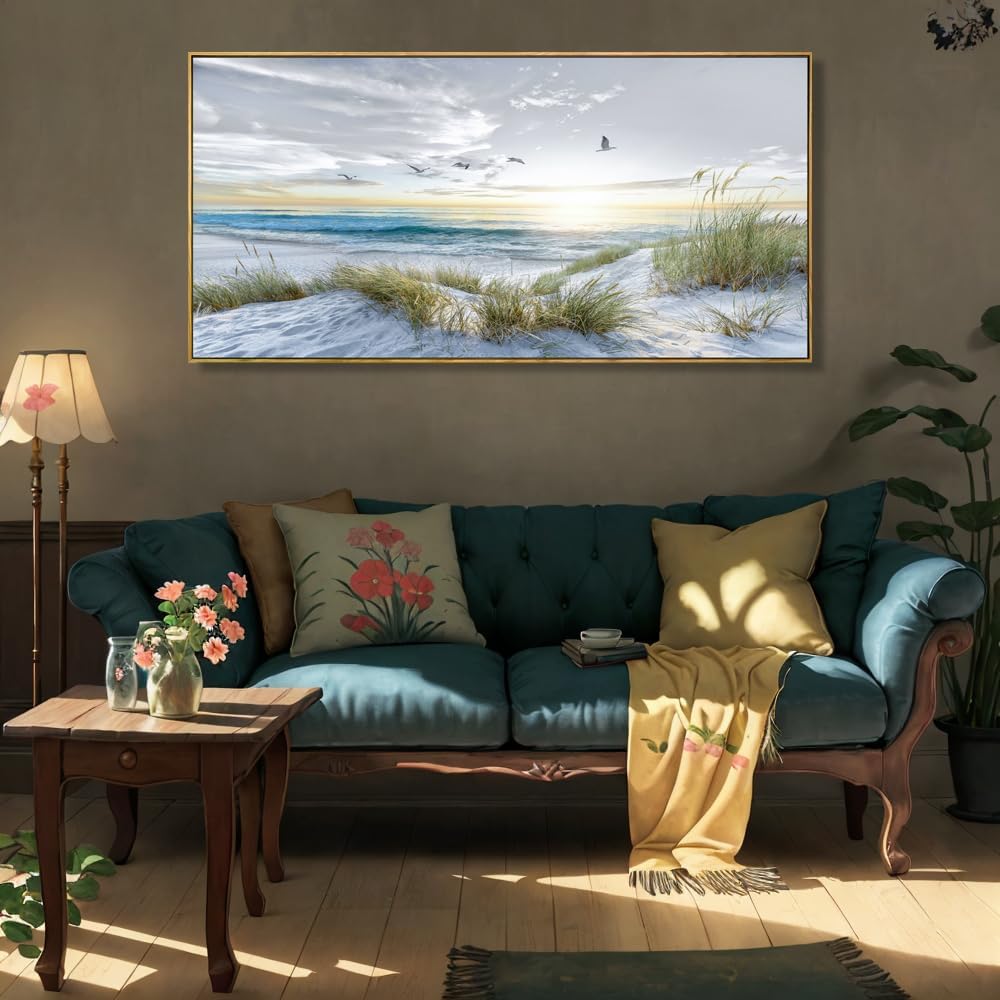 Canvas Prints Wall Art Beach Sunrise Ocean Waves Beach Grass Nature Pictures Stretched Canvas Wooden Framed for living Room Bedroom and Office Home Decor 24'x48' with Framed