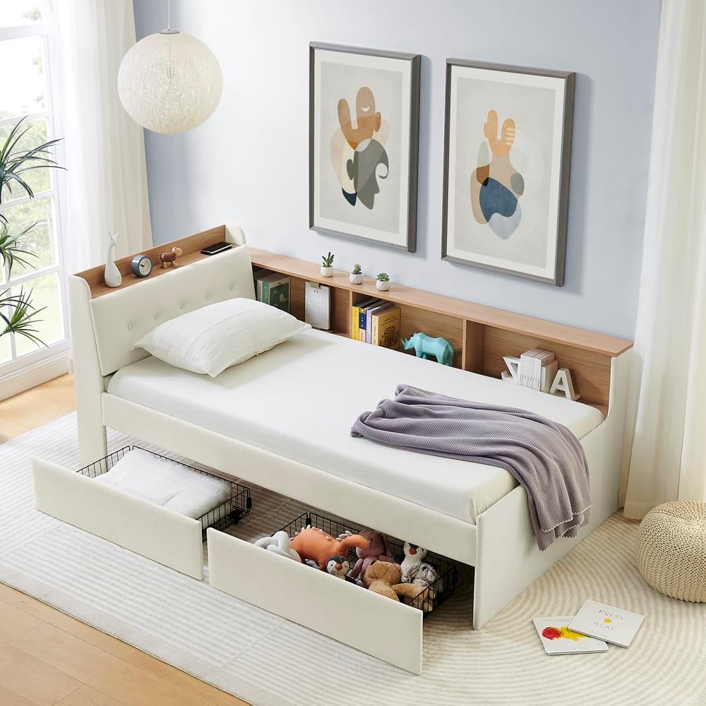 Corner Bed with Desk and Bookcase, LED Lights & USB Ports, Modern Twin Daybed with Storage Underneath Drawers, Soft Velvet Upholstered Day Bed Kids Bedroom Furniture Set Small Places (Beige, Twin)