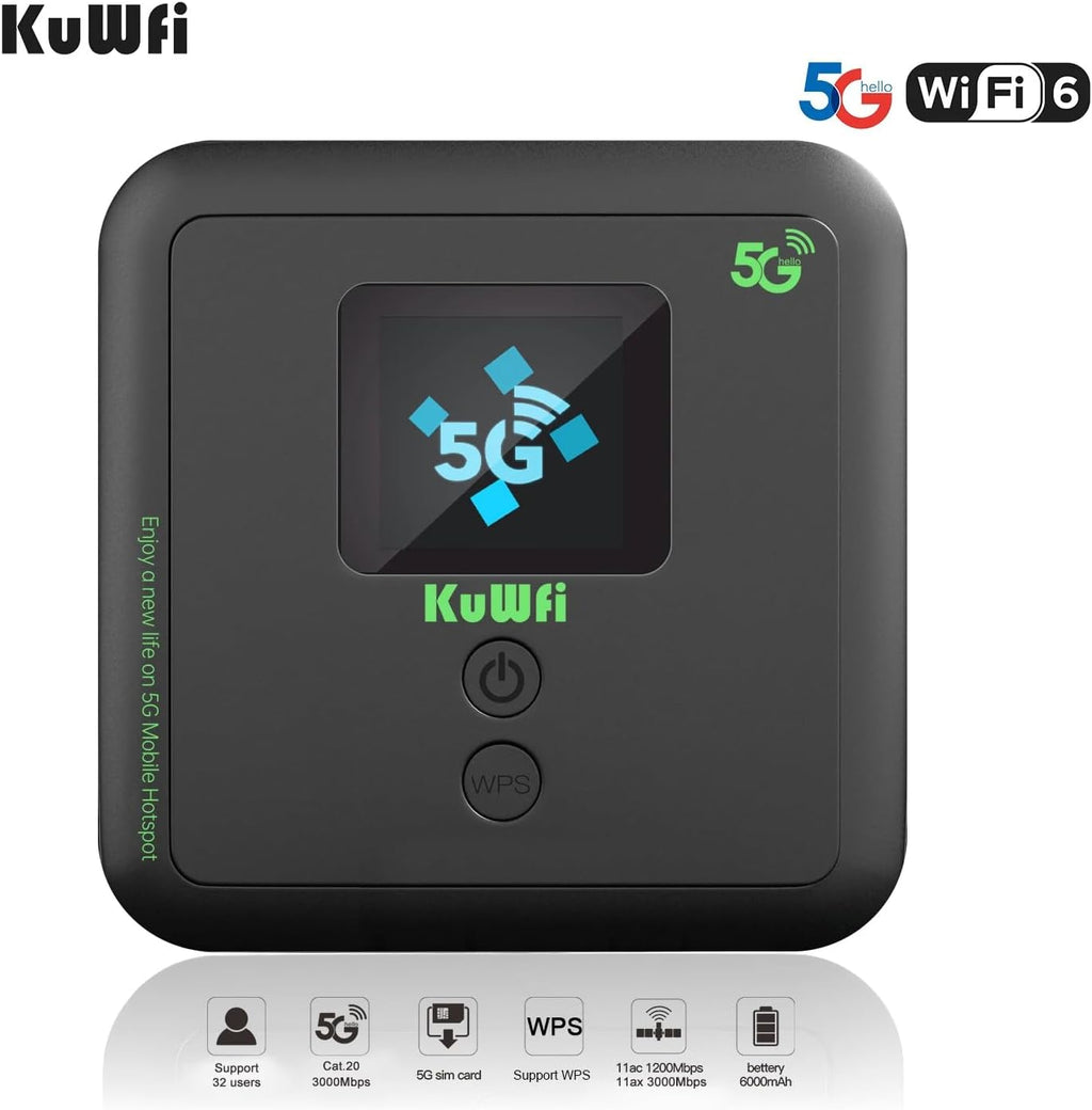KuWFi Ultra-Fast eSIM Router Portable 5G WiFi 6 Mobile Hotspot|Unlocked WiFi Pocket with 6000mAh|3000Mbps SIM Router 5G for RV & Travel|Hotspot Supports eSIM/SIM Slot&32 Devices|Compatible with AT&T