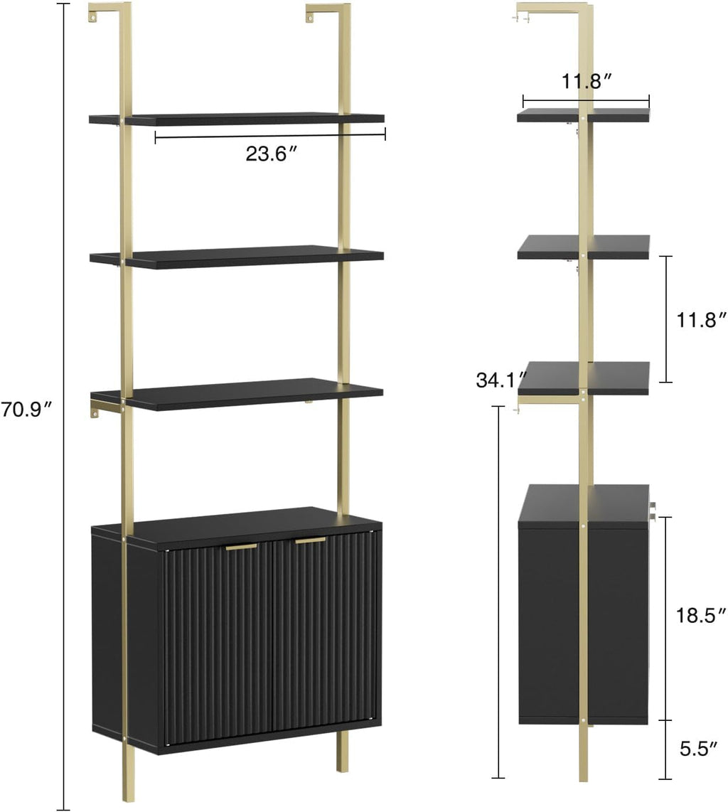 Halitaa Set of 2 Black & Gold Ladder Shelf with Storage Cabinet, Modern Ladder Bookshelf with Doors, Wall Mount Bookcase with Metal Frame, Display Shelves for Living/Bed/Bathroom, Home Office
