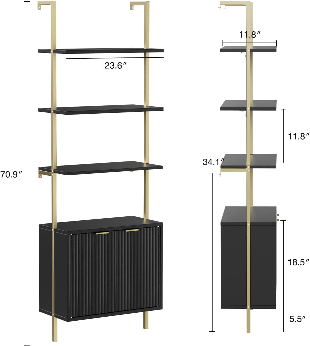 Halitaa Set of 2 Black & Gold Ladder Shelf with Storage Cabinet, Modern Ladder Bookshelf with Doors, Wall Mount Bookcase with Metal Frame, Display Shelves for Living/Bed/Bathroom, Home Office
