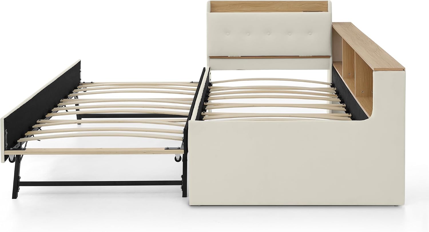 Corner Bed with Desk and Bookcase, LED Lights & USB Ports, Modern Twin to King Daybed with Pop Up Trundle, Velvet Upholstered Extendable Day Bed Kids Bedroom Furniture Set Small Places (Beige, Twin)
