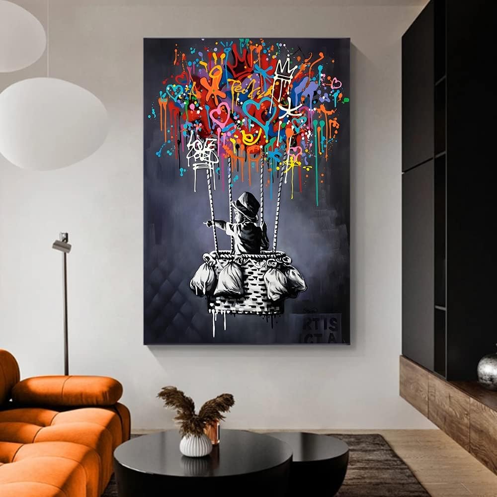 Framed Banksy Street Graffiti Wall Art Decor Large Abstract Pictures Canvas Painting Prints Colorful Modern Contemporary Poster Artwork Stretched for Wall Home Bathroom Bedroom Living Room Ready Hang (Framed Decor Art-01, 24x36inch (60x90cm))