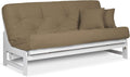 Nirvana Futons Arden White Futon Set Full or Queen Size - Armless Wood Futon Frame with Mattress (Microfiber Sussex Khaki), Space Saving Modern Sofa Bed Sleeper