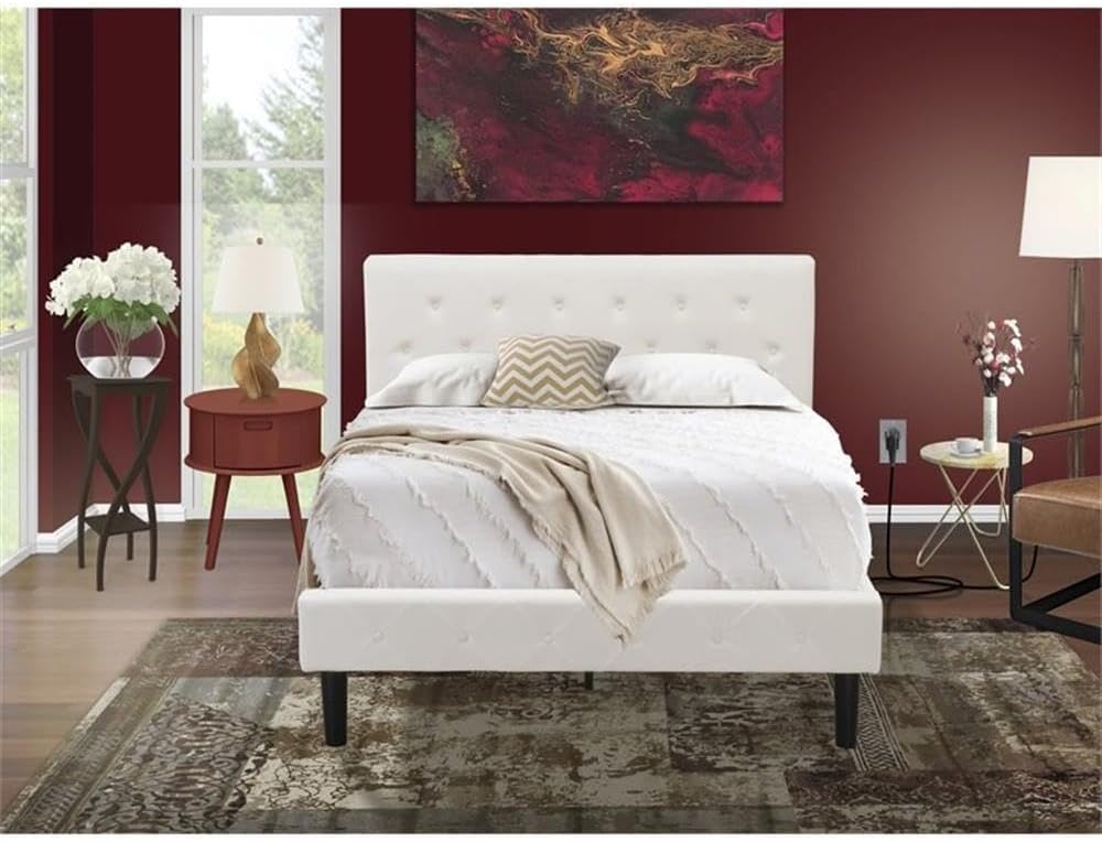 East West Furniture NL19F-1GO13 2 Piece Full Bed Set - Button Tufted Bed Frame - Linen white Velvet Fabric Upholstered Headboard and a Burgundy Finish Nightstand