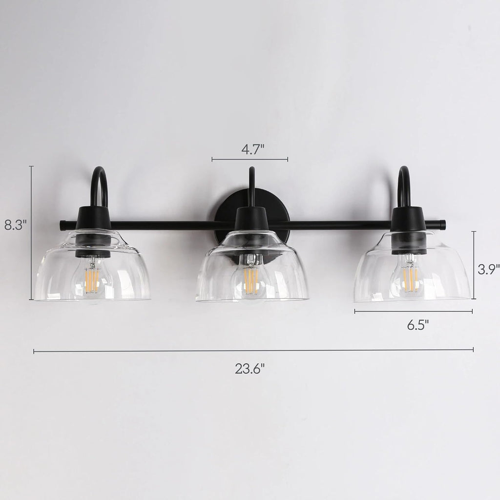 KSANA Black Bathroom Light Fixtures, Modern Farmhouse Vanity Lights Over Mirror 3-Light Bathroom Wall Mounted Sconce with Dome Glass Shade
