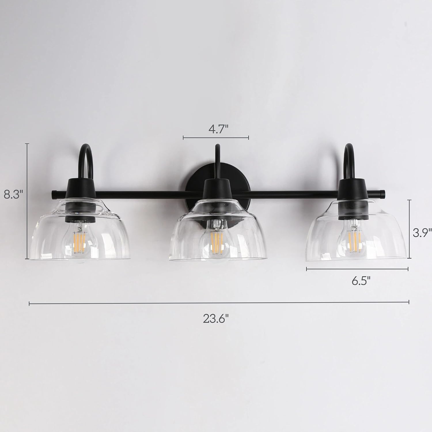 KSANA Black Bathroom Light Fixtures, Modern Farmhouse Vanity Lights Over Mirror 3-Light Bathroom Wall Mounted Sconce with Dome Glass Shade