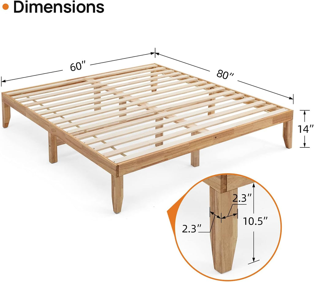 wonline Wood Platform Bed Frame Solid Wood Foundation No Box Spring Needed Wooden Slat Support Oak Wood Natural Finish Home Bedroom Furniture Platform Base