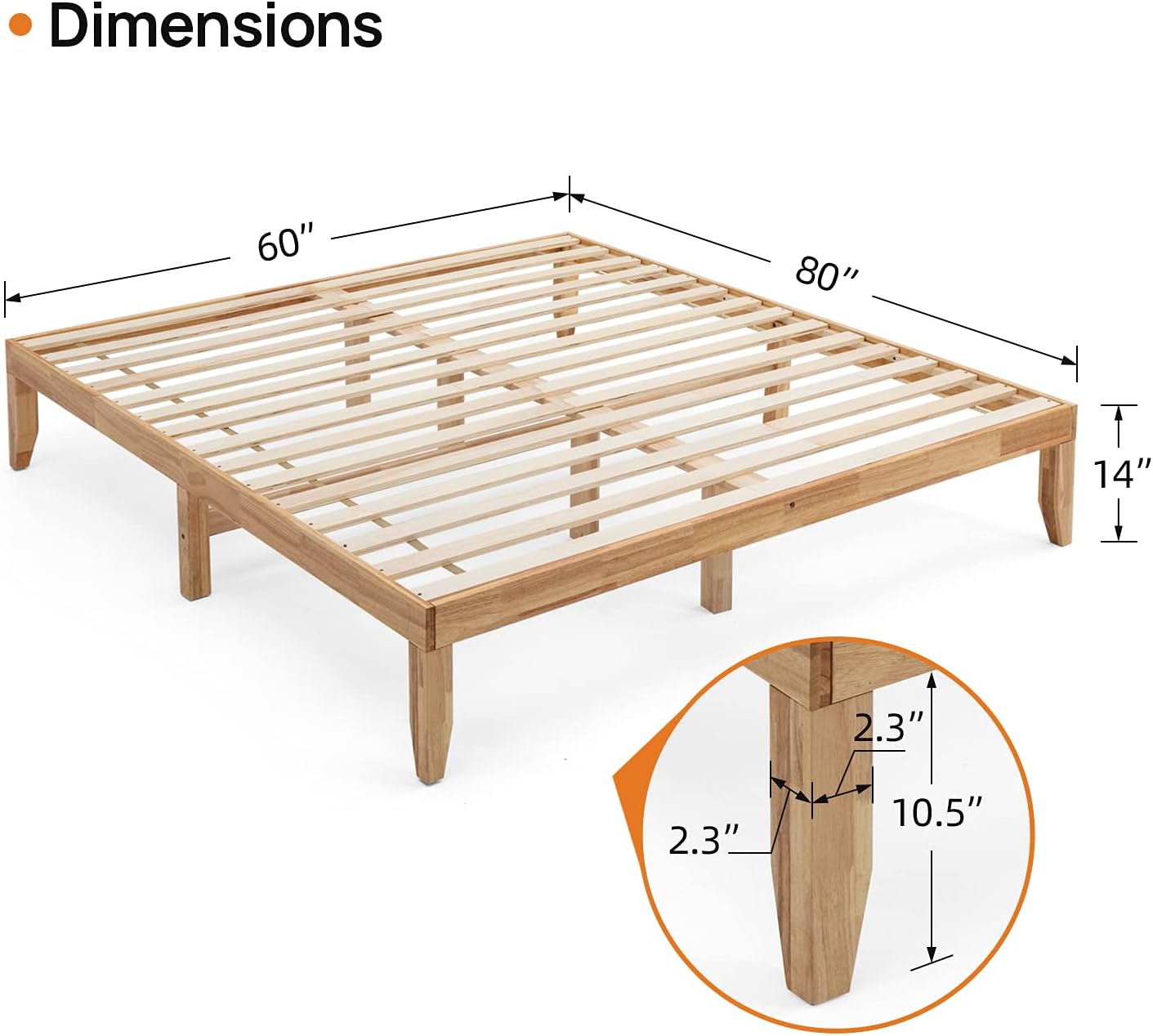 wonline Wood Platform Bed Frame Solid Wood Foundation No Box Spring Needed Wooden Slat Support Oak Wood Natural Finish Home Bedroom Furniture Platform Base