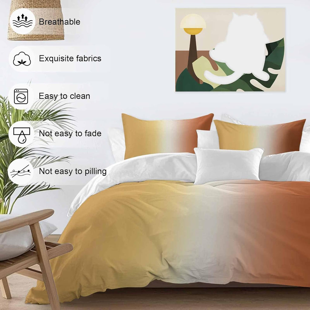 Gradient Yellow Orange Duvet Cover Set Queen Size 4 Pieces Modern Abstract Minimalist Ocean Beach Bedding Set with Zipper Closure, 1 Comforter Cover 90x92 Inches 1 Flat Sheet & 2 Pillow Cases