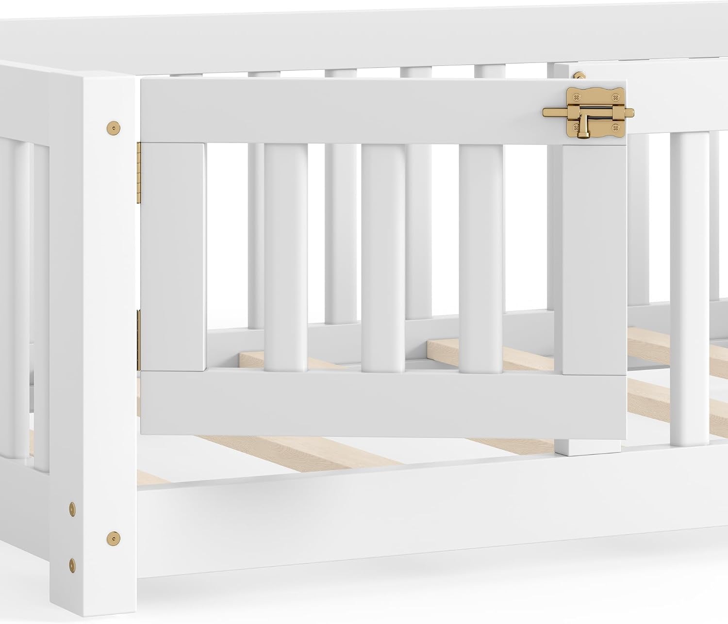 Bellemave Twin Size Floor Bed Frame with Fence and Door for Kids, Montessori Floor Bed with Slats and Safety Guardrails,Solid Wood Twin Bed Frame for Girls Boys,White