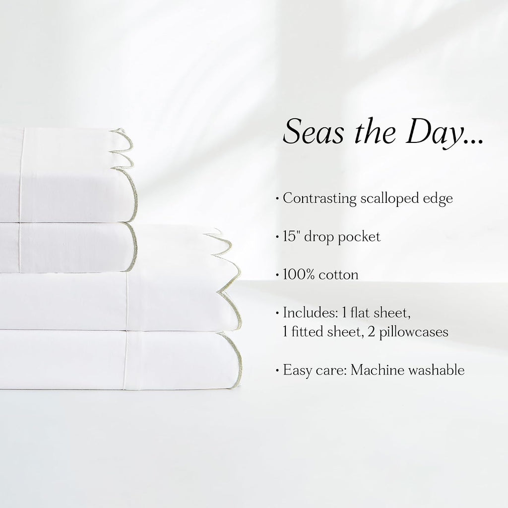 Lush Decor Coastal Chic Scalloped Edge Cotton Sheet Set 4 Piece Set Queen Sage - White Sheets - Scallop Trim - Bed Sheets - Coastal Decor