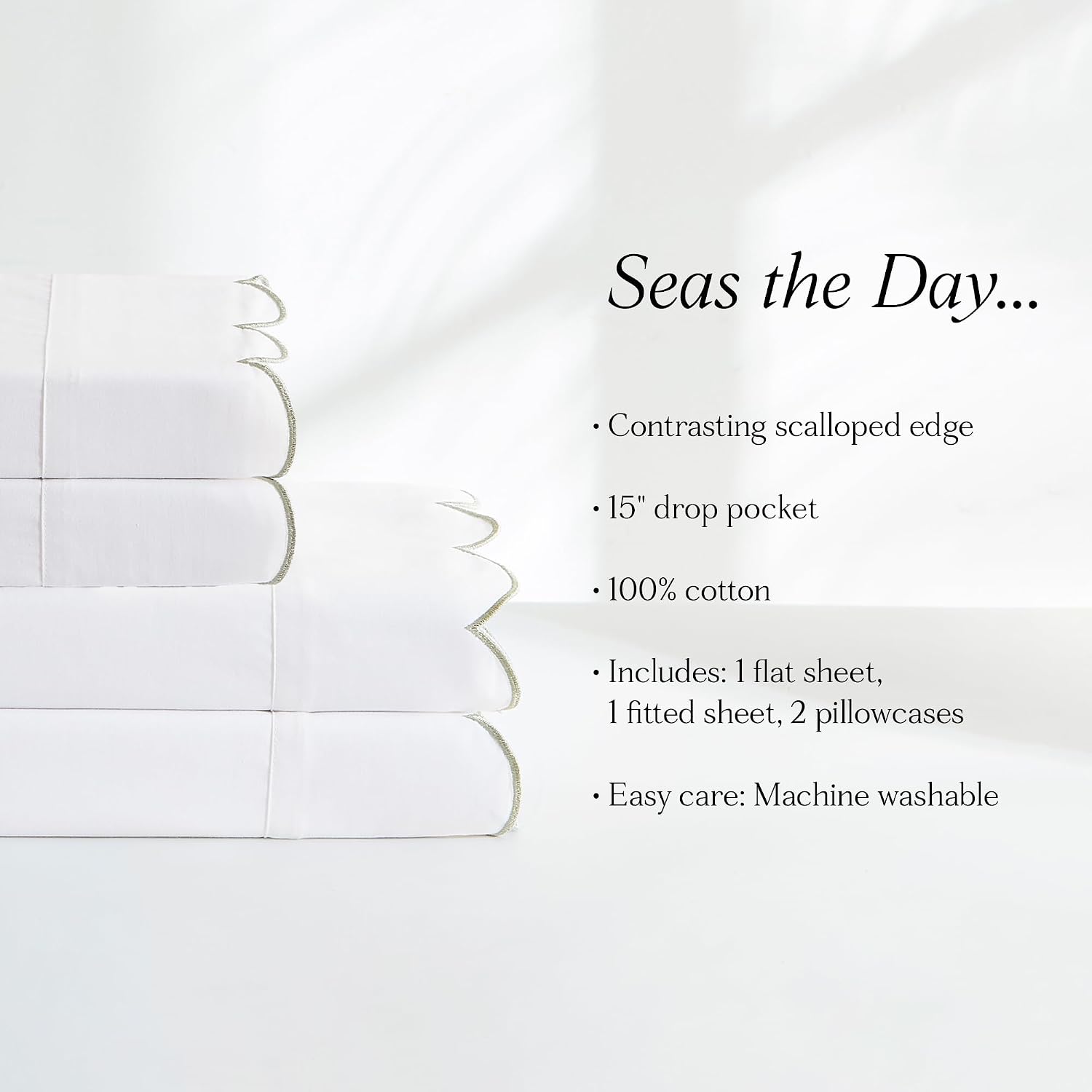 Lush Decor Coastal Chic Scalloped Edge Cotton Sheet Set 4 Piece Set Queen Sage - White Sheets - Scallop Trim - Bed Sheets - Coastal Decor