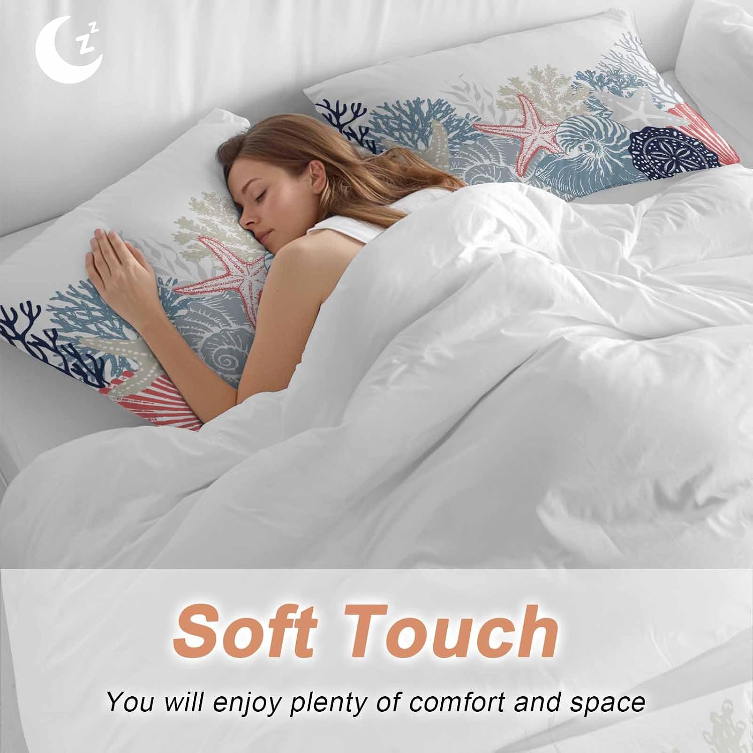 Summer Marine Life Duvet Cover Set Queen Size 4 Pieces Ocean Coral Coastal Starfish Blue Conch Bedding Set with Zipper Closure, 1 Comforter Cover 92x106 Inches 1 Flat Sheet & 2 Pillow Cases