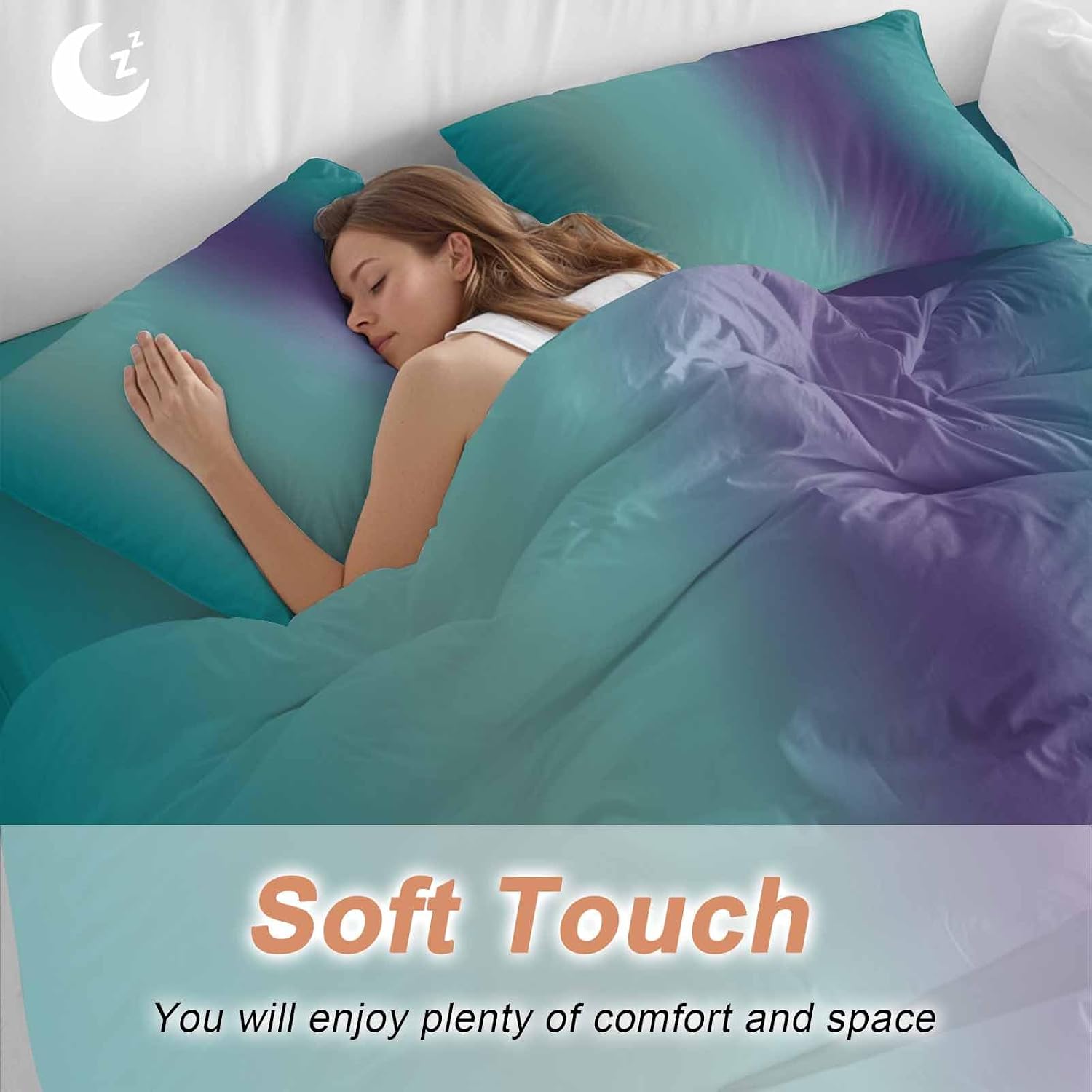 Gradient Green Purple Duvet Cover Set Queen Size 4 Pieces Modern Abstract Minimalist Teal Ocean Beach Bedding Set with Zipper Closure, 1 Comforter Cover 86x86 Inches 1 Flat Sheet & 2 Pillow Cases