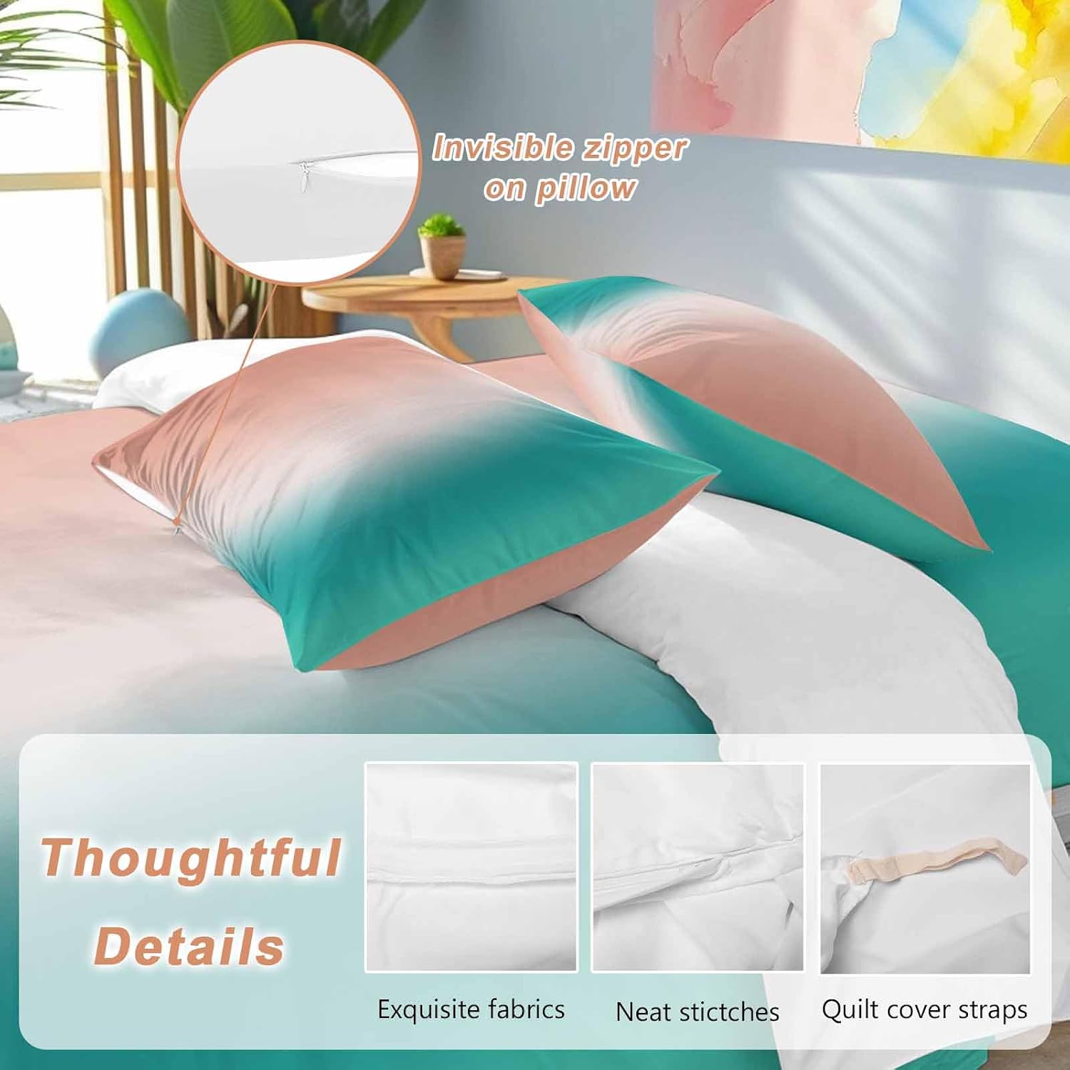 Gradient Pink Green Duvet Cover Set Queen Size 4 Pieces Modern Abstract Minimalist Orange Brown Ocean Beach Bedding Set with Zipper Closure,1 Comforter Cover 86x86 Inches 1 Flat Sheet & 2 Pillow Cases
