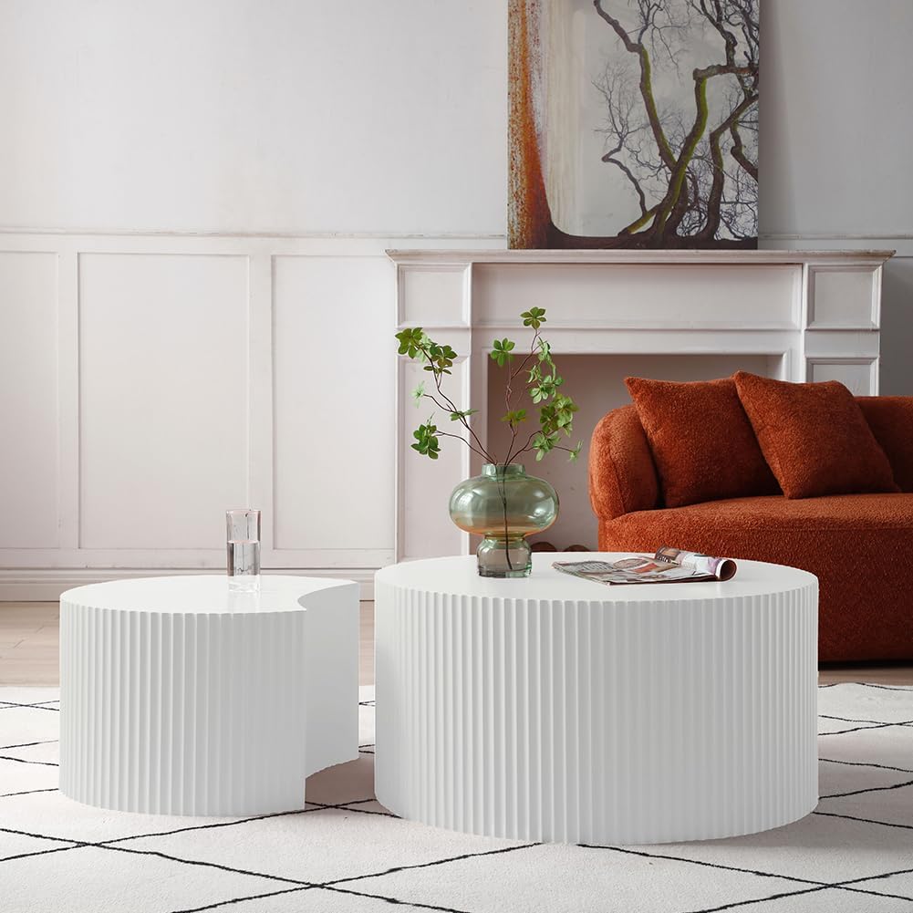 Round Nesting Coffee Table, Modern Wood Coffee Table Unique Shaped Set of 2 for Small Space, Living Room - White