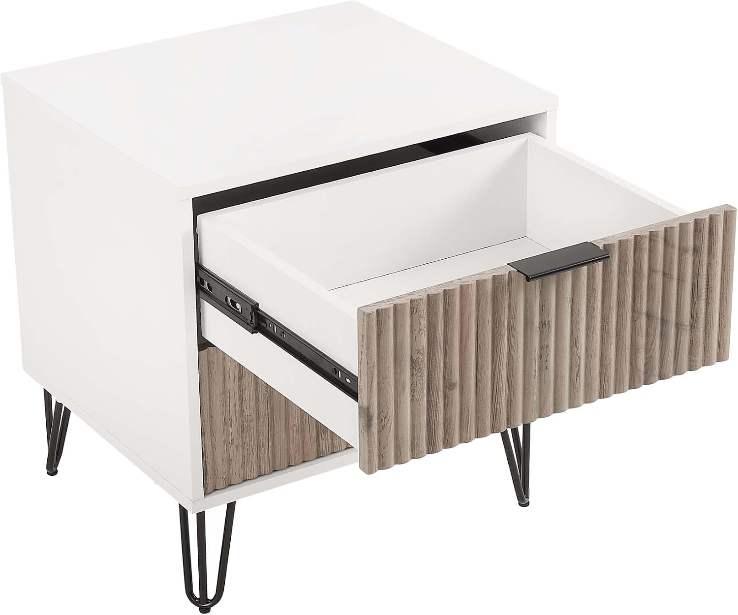 Manhattan Comfort Dumbo Fluted Nightstand with 2 Drawers, Gold Metal Legs and Metal Handles, Tool-Free Assembly Modern Bedside Accent Table with Storage for Bedroom, Living Room in White & Rustic Grey