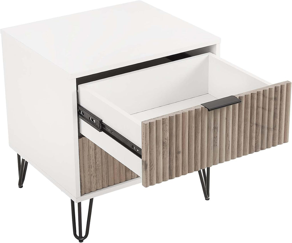 Manhattan Comfort Dumbo Modern Nightstand 2.0 with 2 Drawer & Metal Feet | Splayed Gold Legs | Vertical Ribbed Design | No Tool Assembly Storage for Bedroom, Set of 2, Set of 2, White and Rustic Grey