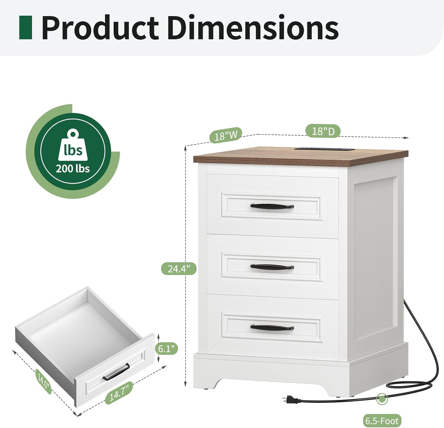 Farmhouse Nightstand with Charging Station- Wood Night Stand Set 2, 3 Drawer Nightstands Set of 2, Bedside Table with Storage, Rustic Night Stands for Bedroom, Closet, 18' Wide, 24' Tall