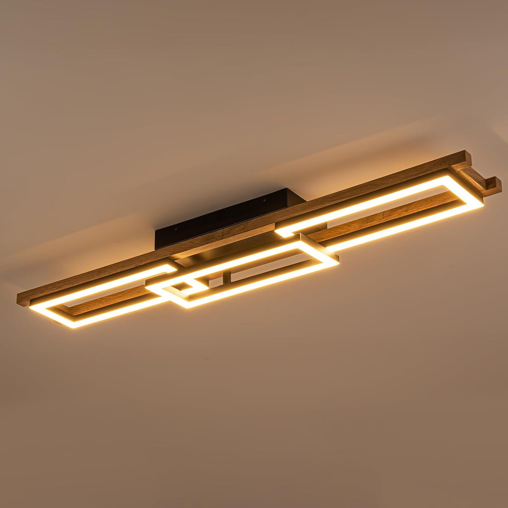 Lingkai 39.3' LED Modern Ceiling Lights Wooden Square Rectangular Lamp Fixture Wood, Modern Kitchen Ceiling Lighting Fixtures 3000K for Island Bedroom Living Room Hallways