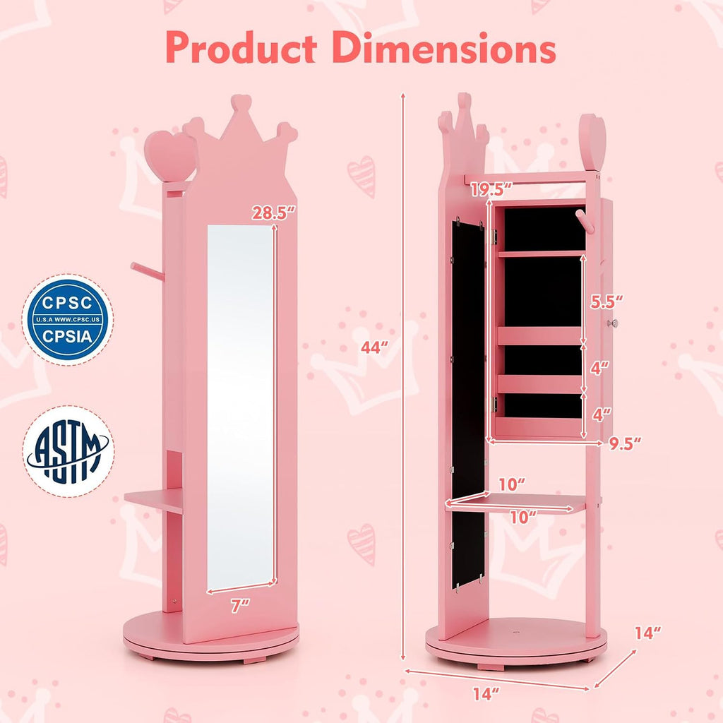 GLACER Kids Vanity with Stool, Rotatable Kids Jewelry Armoire, Kids Vanity Table and Chair Set w/Coat Rack, Storage Shelves, Full-Length Mirror, Solid Wood Legs, Kids Bedroom Furniture (Pink)