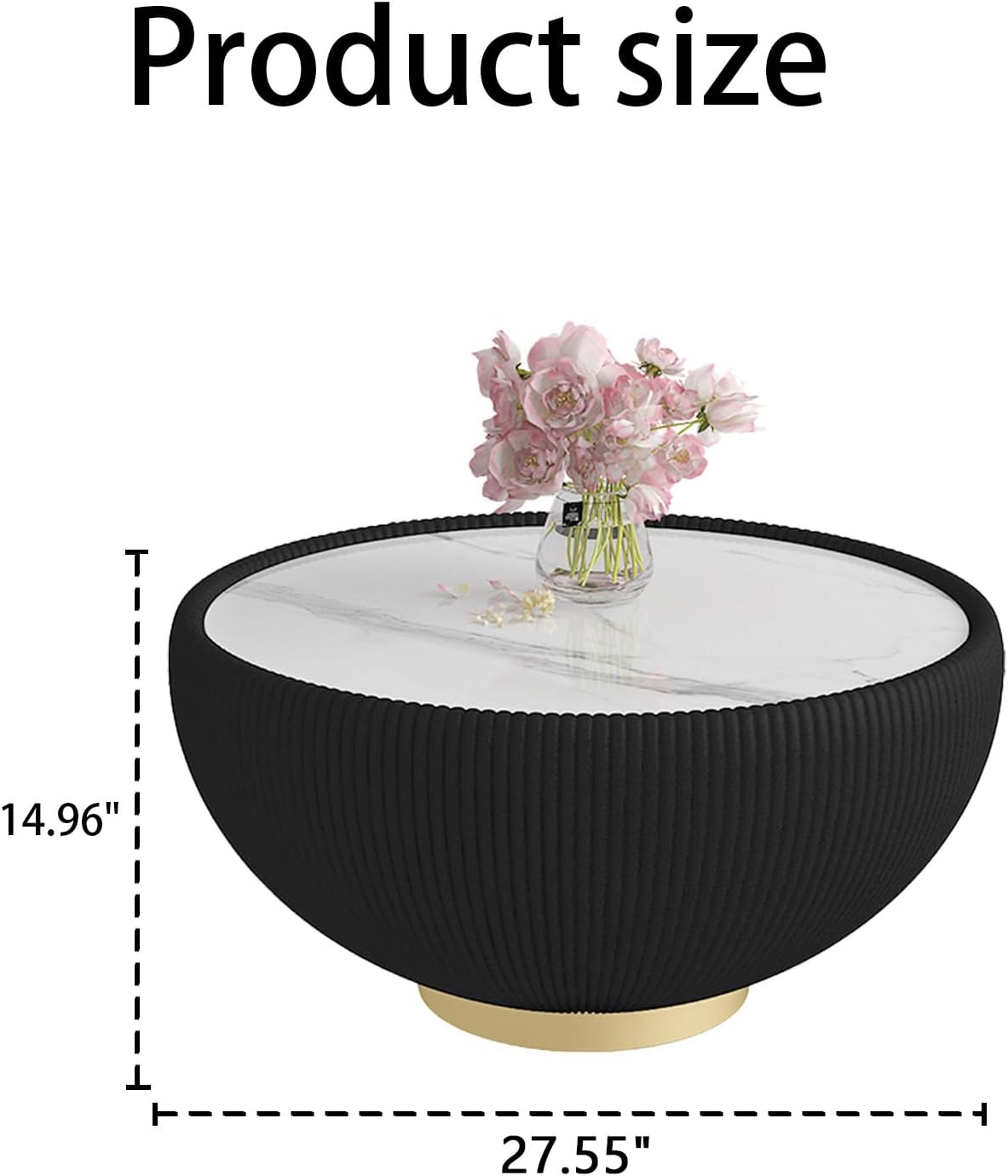 27.55' Black Round Coffee Table, Drum Coffee Table with Sintered Stone Tabletop and Fluted PU Leather Covered and Metal Base, Circle Cocktail Tea Table for Living Room