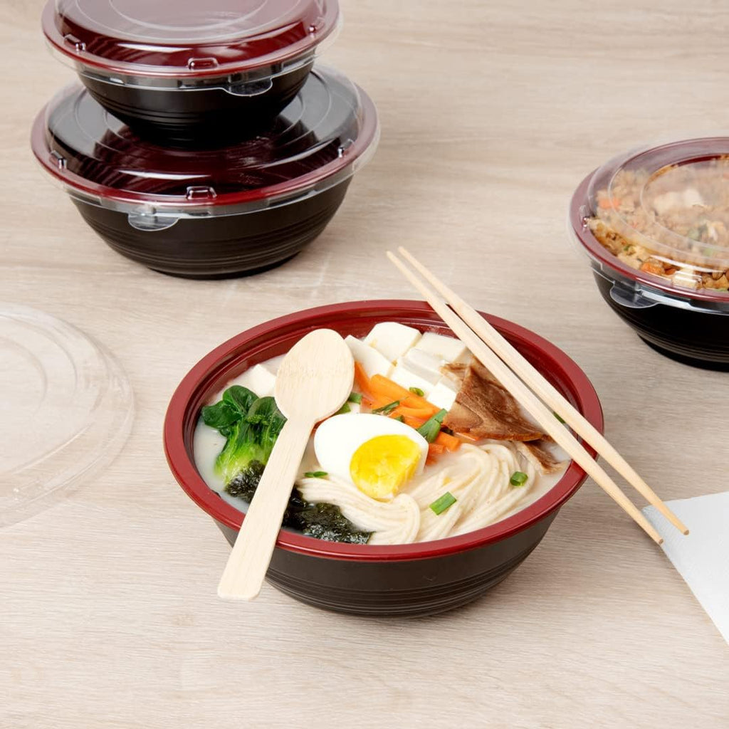 34 Ounce Food Containers, 200 Disposable Salad Bowls - Lids Included, Microwavable, Black And Red Plastic To Go Bowls, Asian Inspired, Perfect For Picnics, Or Take Outs - Restaurantware