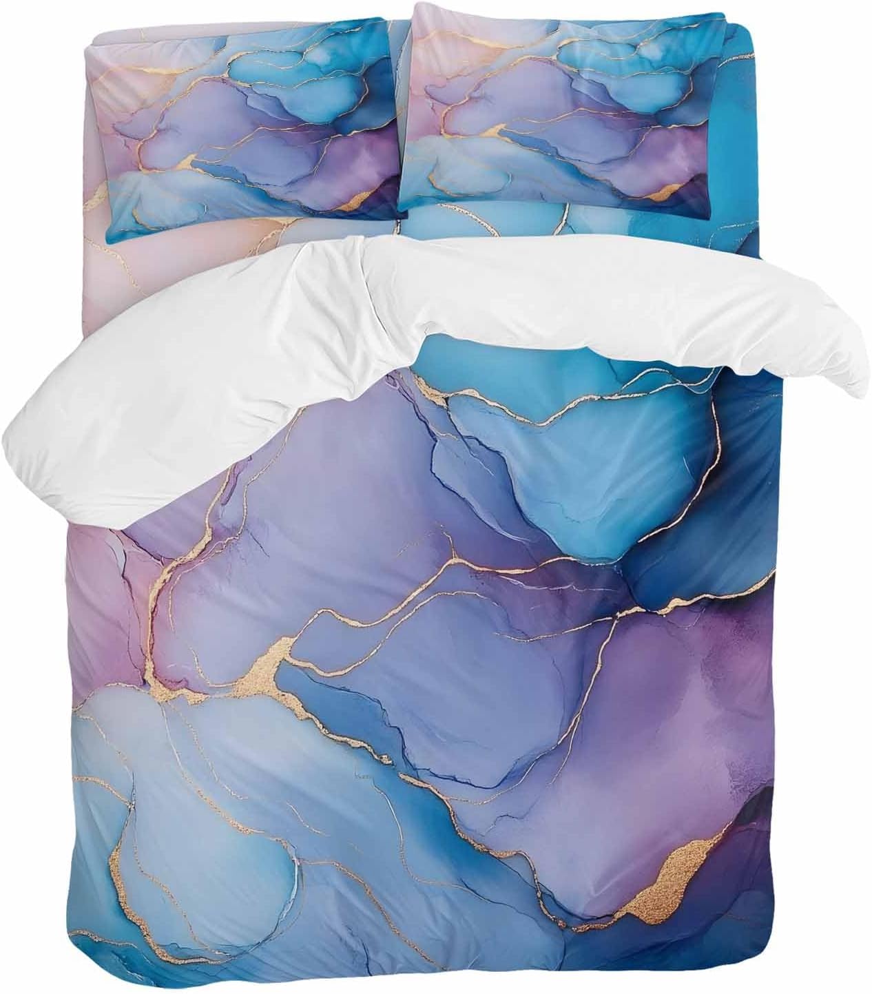 Prime Leader Abstract Impressionist Duvet Cover Set Queen Size 4 Pieces Blue Marble Texture Bedding Set with Zipper Closure, 1 Comforter Cover 92x106 Inches 1 Flat Sheet & 2 Pillow Cases
