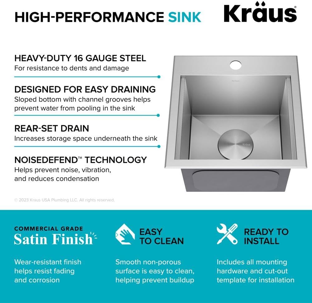 KRAUS Kore 15-Inch Drop In/Top Mount Workstation 16 Gauge Single Bowl Stainless Steel Bar Kitchen Sinks with Accessories