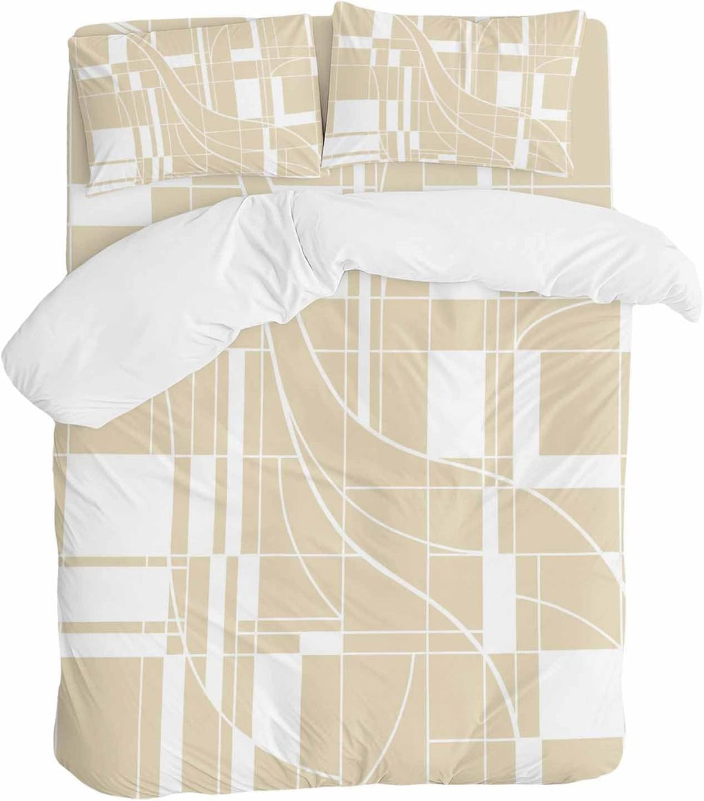 Prime Leader Lines Duvet Cover Set Queen Size 4 Pieces Abstarct Geometric White Lines Plaid Light Brown Bedding Set with Zipper Closure, 1 Comforter Cover 92x106 Inches 1 Flat Sheet & 2 Pillow Cases