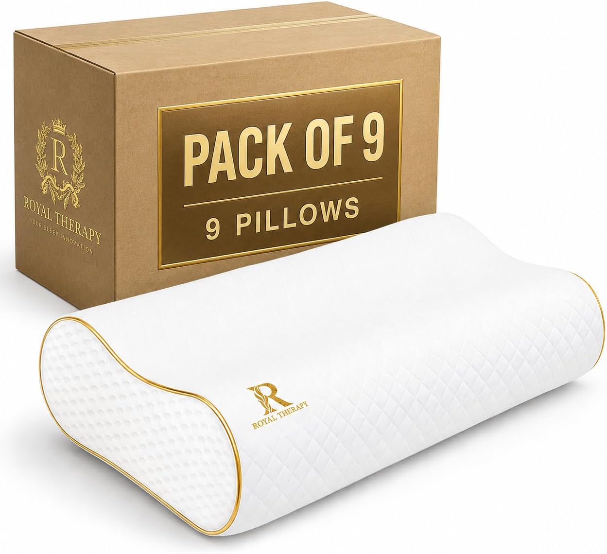 Royal Therapy King Memory Foam Pillows 9-Pack – Ergonomic Cervical Pillow for Neck and Shoulder Pain – Medium Firm Contour Pillow for Side, Back, and Stomach Sleepers – CertiPUR-US Certified