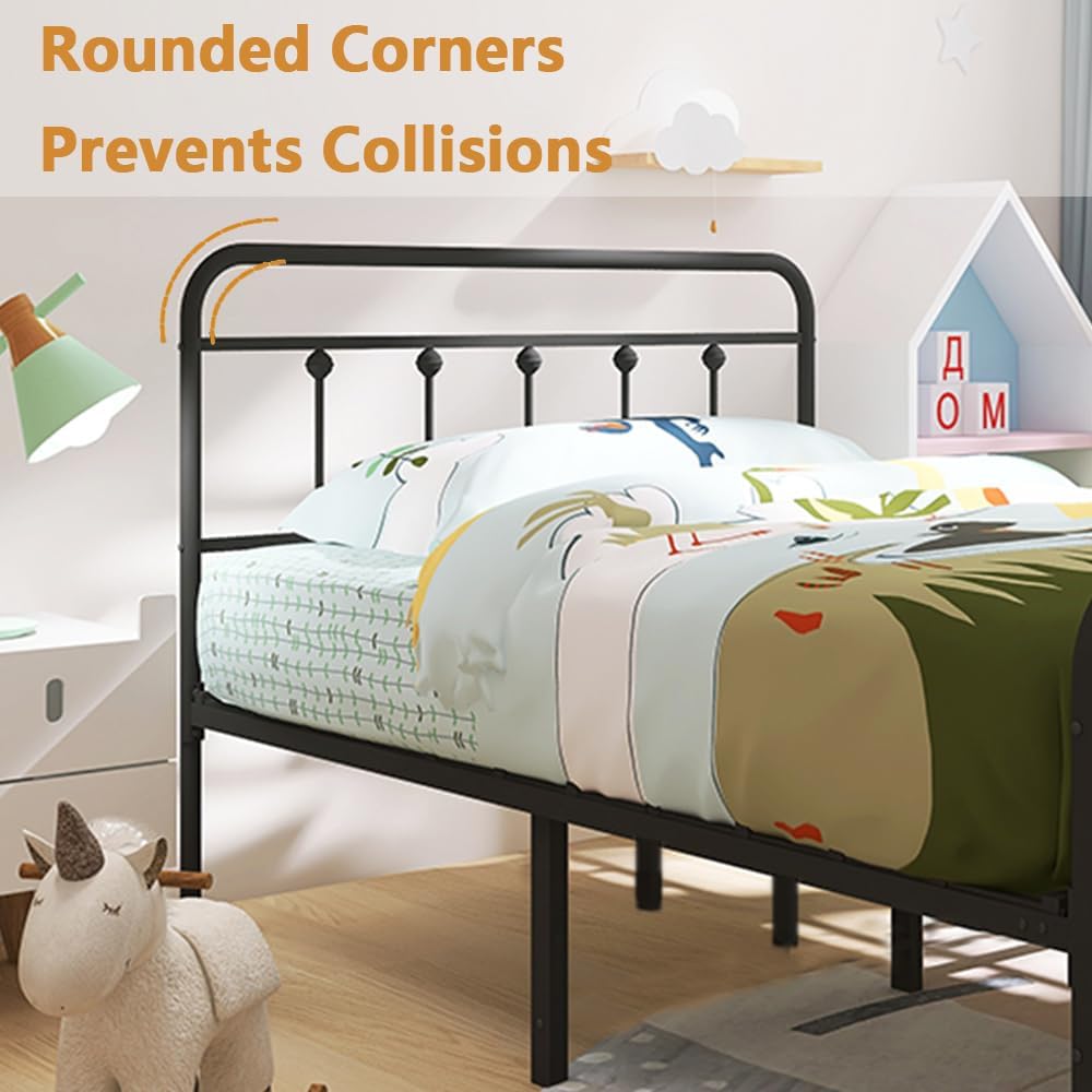 Twin Size Metal Bed Frame with Vintage Headboard and Footboard, Premium Stable Steel Slat Support Mattress Foundation, No Box Spring Needed and Easy Assembly,Black(Twin).